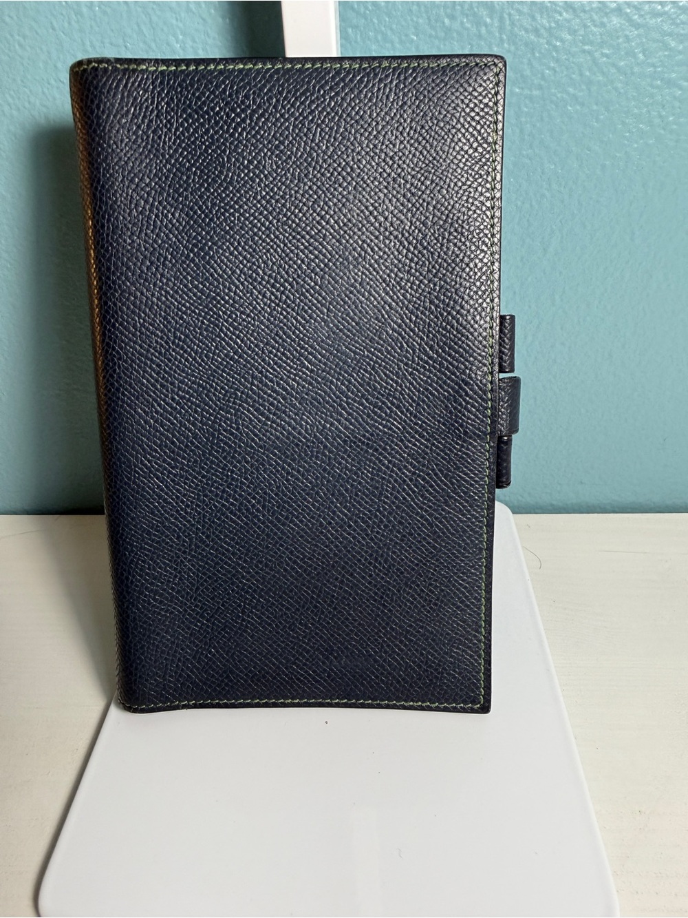 Authentic Hermès Vision II Navy Blue Green Leather Agenda Cover Passport Holder